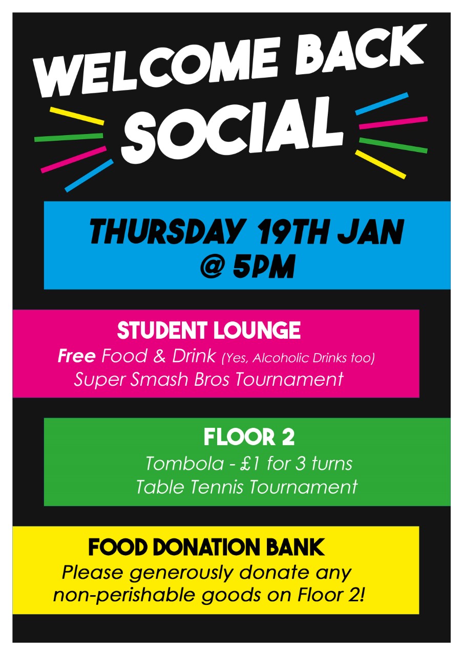 Student Social - Student lounge from 5pm
Super Smash Bros Tournament
Floor 2 - Tombola and Table Tennis Tournament